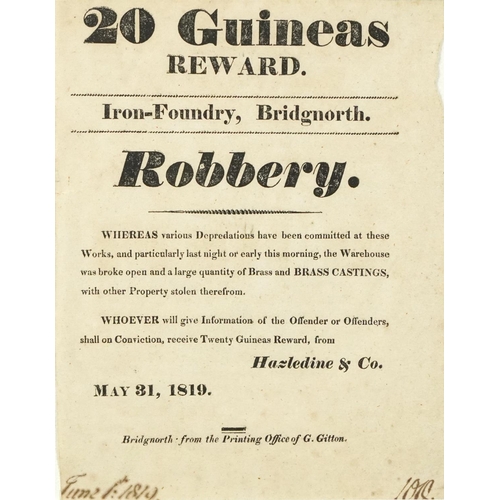 Early 19th century twenty guineas reward poster for robbery information, dated May 31st 1819, mounted, framed and glazed, 23.5cm x 18.5cm excluding the mount and frame