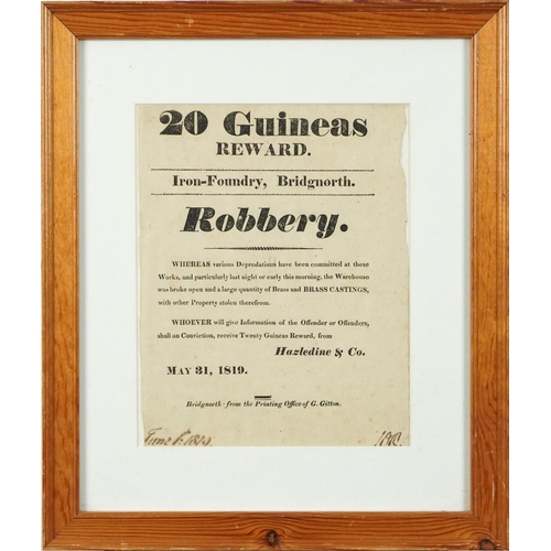 685A - Early 19th century Wanted poster -  Twenty guineas reward for robbery information, dated May 31st 18... 