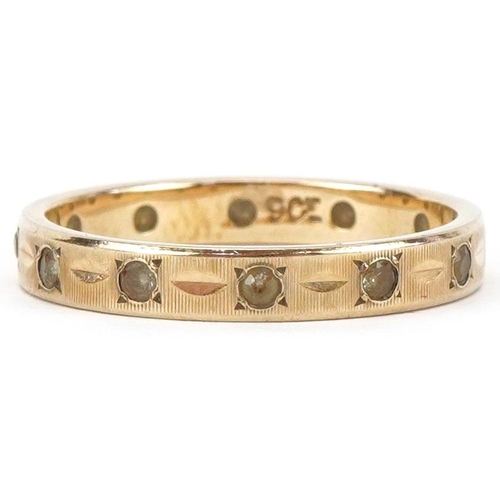 2397 - 9ct gold engine turned clear stone eternity ring, size L, 1.8g