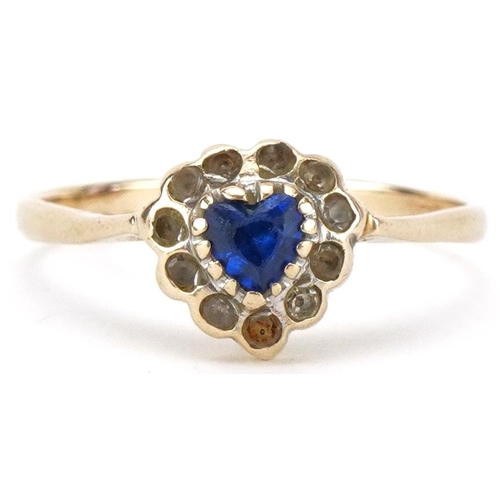 2365 - 9ct gold blue and clear stone ring in the form of a love heart, size S, 2.3g