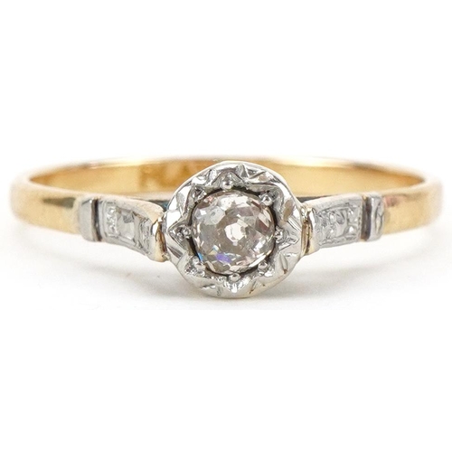 2384 - Art Deco 18ct gold and platinum diamond solitaire ring, the diamond approximately 0.20 carat, size O... 