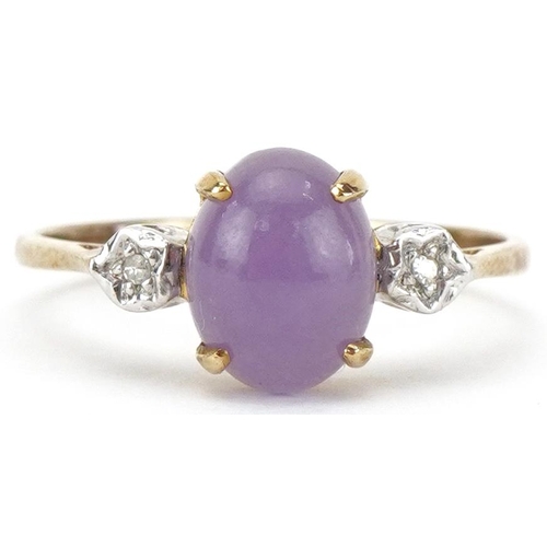 2382 - 9ct gold cabochon amethyst and diamond three stone ring, size Q, 2.2g