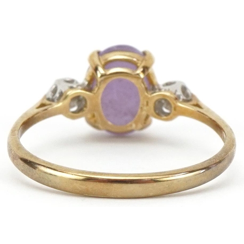 2382 - 9ct gold cabochon amethyst and diamond three stone ring, size Q, 2.2g