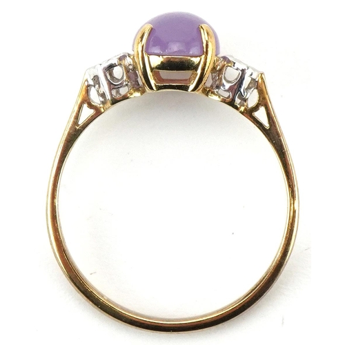 2382 - 9ct gold cabochon amethyst and diamond three stone ring, size Q, 2.2g