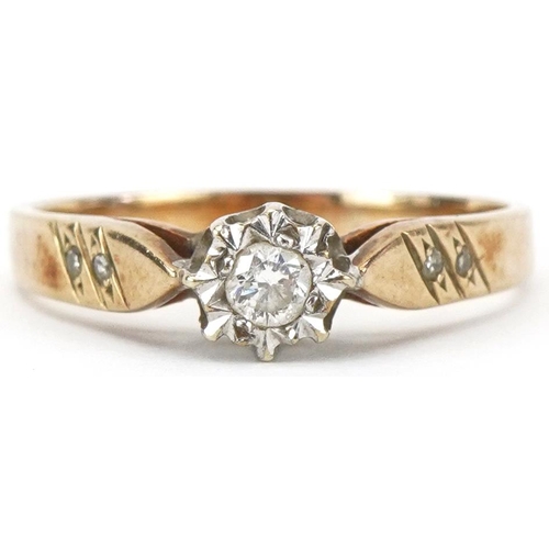 2367 - 9ct gold diamond solitaire ring with diamond set shoulders, total diamond weight approximately 0.15 ... 