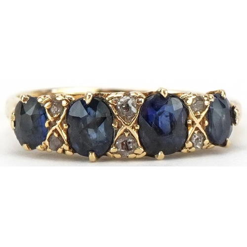 2182 - 18ct gold graduated sapphire and diamond ring set with four sapphires and six diamonds, size L/M, 2.... 