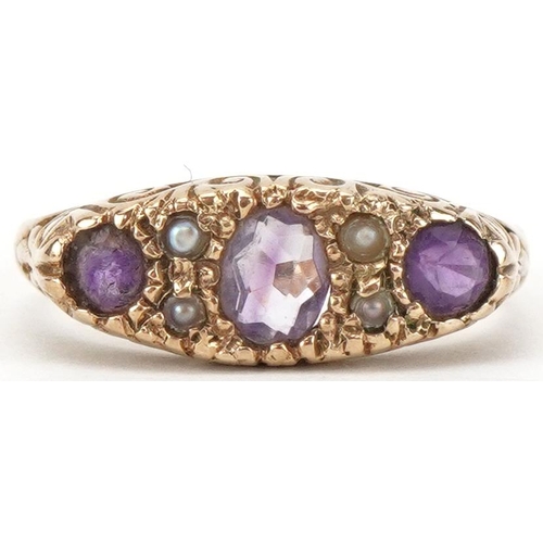 2166 - Victorian style 9ct gold amethyst and seed pearl ring with scrolled setting, size L, 2.4g