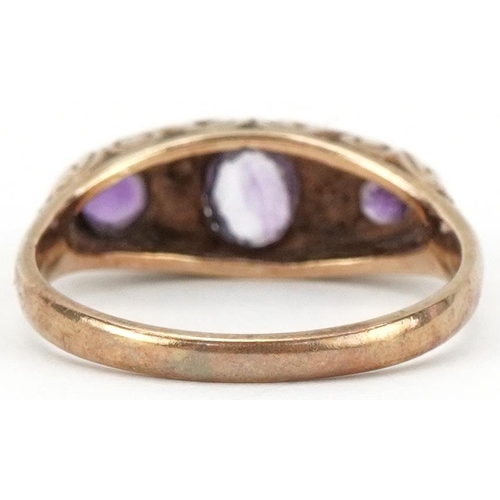 2166 - Victorian style 9ct gold amethyst and seed pearl ring with scrolled setting, size L, 2.4g