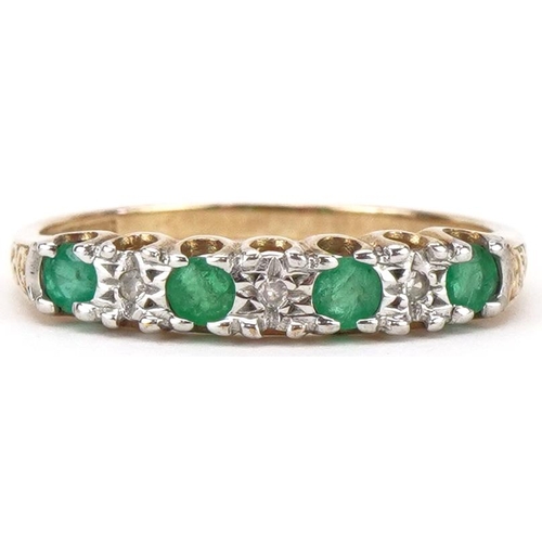 2399 - 9ct gold diamond and emerald half eternity ring, size N/O, 1.6g