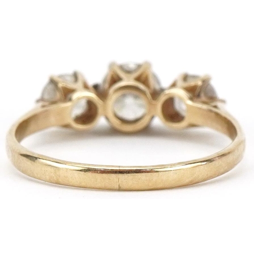 2403 - 9ct gold clear stone three stone ring, size L, 1.8g