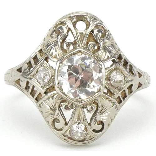 2007 - Broken Art Deco unmarked white gold diamond cocktail ring, the central diamond approximately 0.50 ca... 