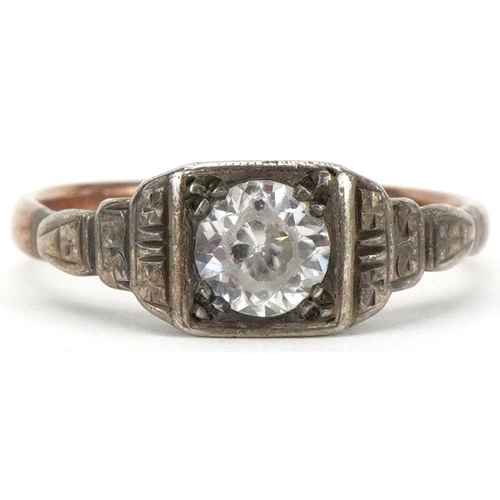 2170 - Art Deco 9ct gold and silver white sapphire solitaire ring with engraved stepped shoulders, the sapp... 