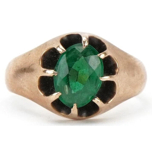 2401 - Antique 10K gold emerald ring, the emerald approximately 8.0mm x 6.0mm x 4.30mm deep, size K/L, 3.5g