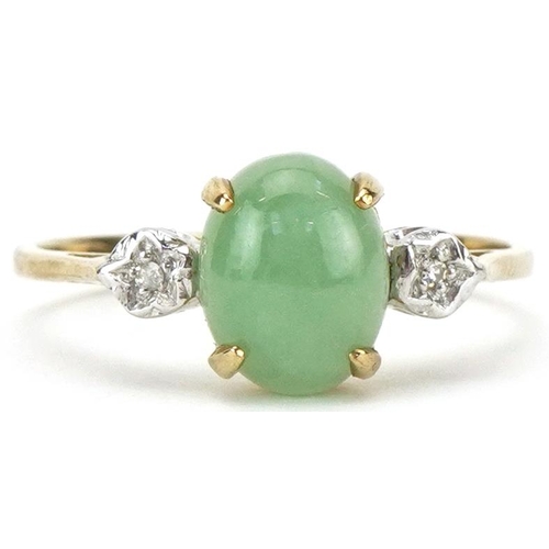 2202 - 9ct gold cabochon green stone and diamond three stone ring, size Q, 2.2g