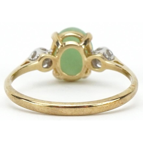 2202 - 9ct gold cabochon green stone and diamond three stone ring, size Q, 2.2g