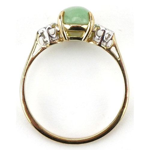 2202 - 9ct gold cabochon green stone and diamond three stone ring, size Q, 2.2g