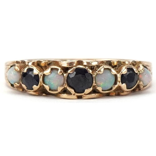 2484 - Victorian style 9ct gold sapphire and opal half eternity ring, size M, 2.2g