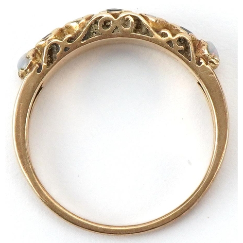 2484 - Victorian style 9ct gold sapphire and opal half eternity ring, size M, 2.2g