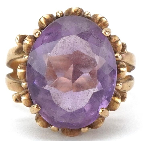 2185 - 9ct gold amethyst cocktail ring with split shoulders, the amethyst approximately 15.40mm x 12.40mm x... 