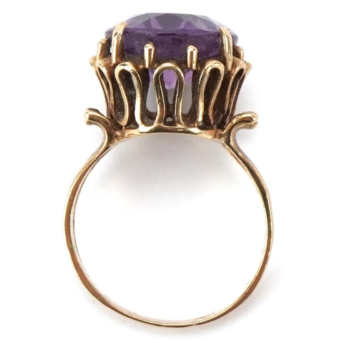 2185 - 9ct gold amethyst cocktail ring with split shoulders, the amethyst approximately 15.40mm x 12.40mm x... 