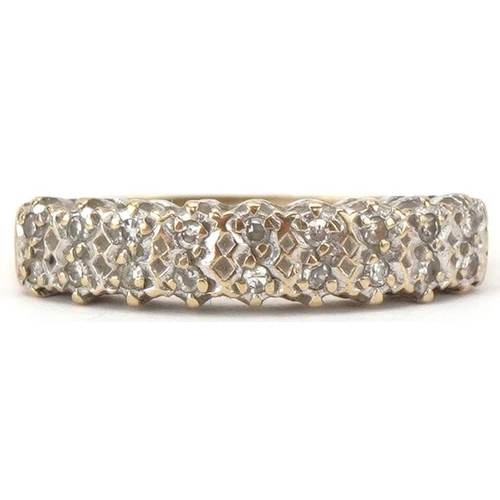 2212 - 9ct gold diamond two row half eternity ring, size J, 1.7g