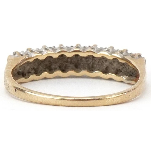 2212 - 9ct gold diamond two row half eternity ring, size J, 1.7g