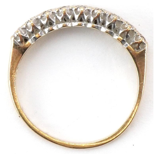 2212 - 9ct gold diamond two row half eternity ring, size J, 1.7g