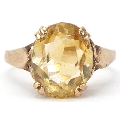 2204 - 9ct gold citrine solitaire ring, the citrine approximately 11.90mm x 9.70mm x 6.20mm deep, size K, 2... 