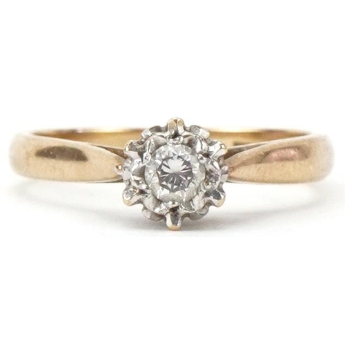 2344 - 9ct gold diamond solitaire ring, the diamond approximately 0.11 carat, size H, 1.6g