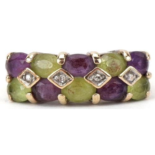 9ct gold three row multi gem ring set with diamonds, amethysts and peridot, size K, 2.1g