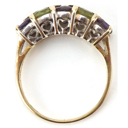 2405 - 9ct gold three row multi gem ring set with diamonds, amethysts and peridot, size K, 2.1g