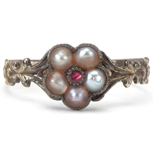 2230 - Antique unmarked gold pink stone and seed pearl ring with naturalistic shoulders, size L, 1.6g