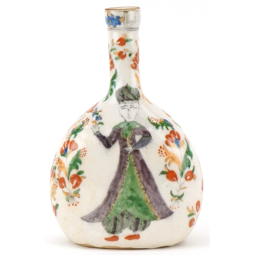 397 - Turkish Ottoman Kutahya water flask hand painted with figures amongst flowers, 22cm high