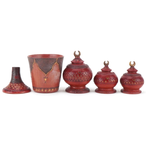 394 - Turkish Tophane five piece calligraphy set including three pots and covers, impressed marks to the b... 