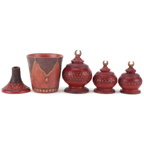 394 - Turkish Tophane five piece calligraphy set including three pots and covers, impressed marks to the b... 