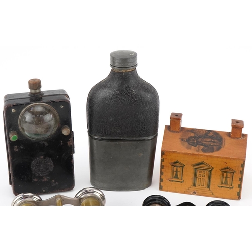 331 - Sundry items including a vintage Triola lamp, Mauchline Ware money box in the form of a house two pa... 