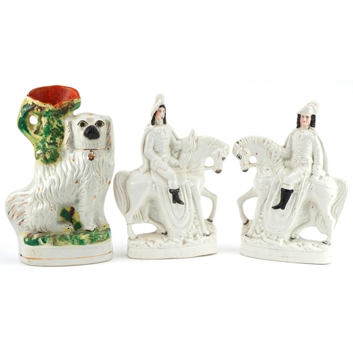 133 - Pair of Victorian Staffordshire flatback Cavaliers on horseback and a Staffordshire flatback spill v... 