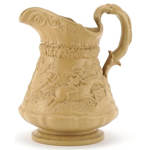 130 - Victorian Ridgeway & Co Parian pitcher  decorated with tavern and hunting scenes impressed Hanley, O... 