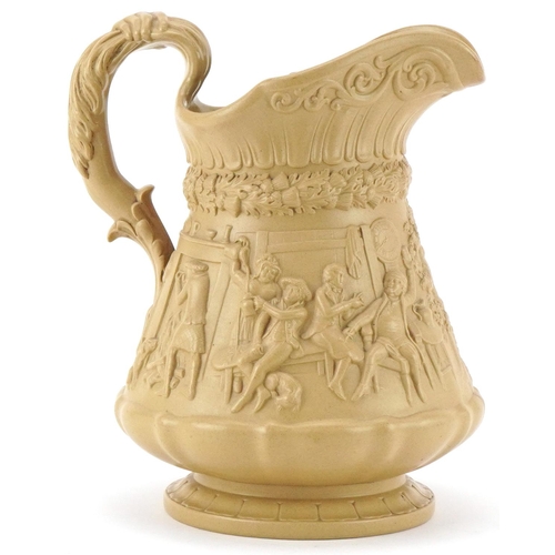 130 - Victorian Ridgeway & Co Parian pitcher  decorated with tavern and hunting scenes impressed Hanley, O... 