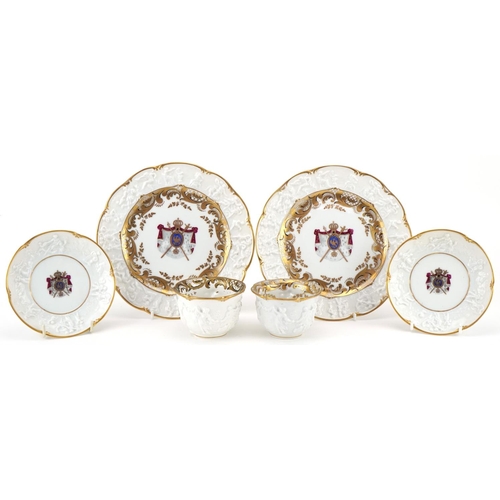 71 - Pair of 19th century Neapolitan porcelain Napoleon and Josephine trios with armorial crests, the lar... 