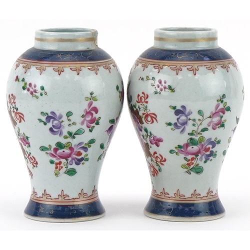 142 - Pair of 19th century Samson porcelain baluster vases hand painted with flowers, each 11.5cm high