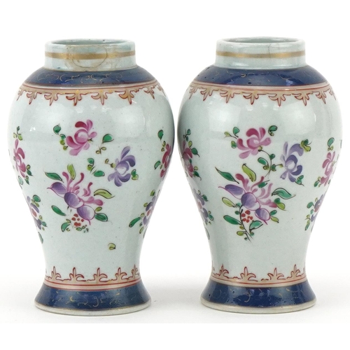 142 - Pair of 19th century Samson porcelain baluster vases hand painted with flowers, each 11.5cm high