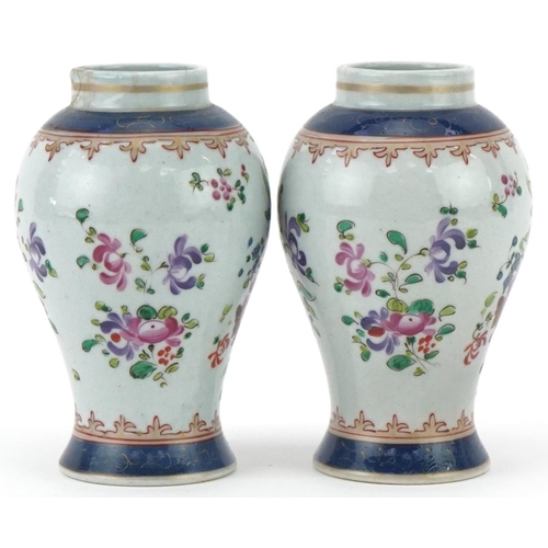 142 - Pair of 19th century Samson porcelain baluster vases hand painted with flowers, each 11.5cm high