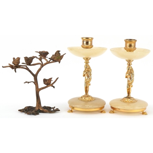 1303 - Pair of brass and alabaster candleholders with nude female design columns and a gilt brass sculpture... 