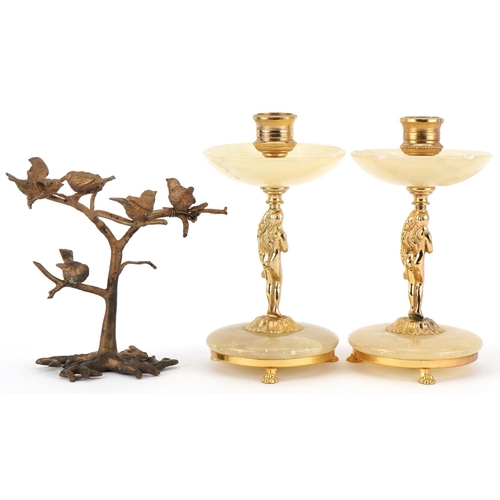 1303 - Pair of brass and alabaster candleholders with nude female design columns and a gilt brass sculpture... 