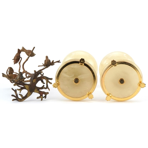 1303 - Pair of brass and alabaster candleholders with nude female design columns and a gilt brass sculpture... 