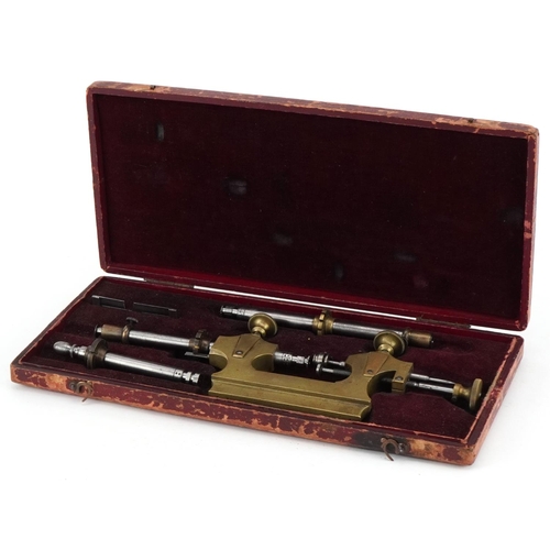 19th century French horological interest watchmaker's depthing gauge housed in a velvet lined fitted case, the case 27cm wide