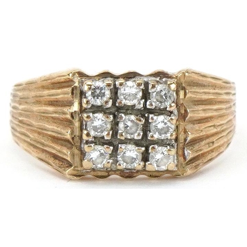 2018 - 9ct gold clear stone square cluster ring with embossed shoulders, size S, 3.4g