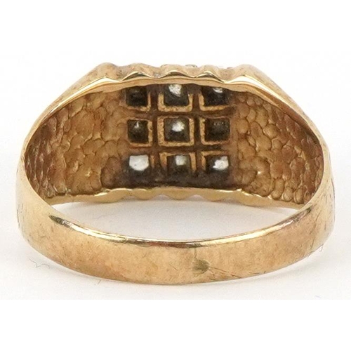 2018 - 9ct gold clear stone square cluster ring with embossed shoulders, size S, 3.4g