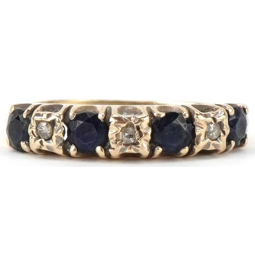 2426 - 9ct gold black spinel and diamond half eternity ring, size O, 2.0g